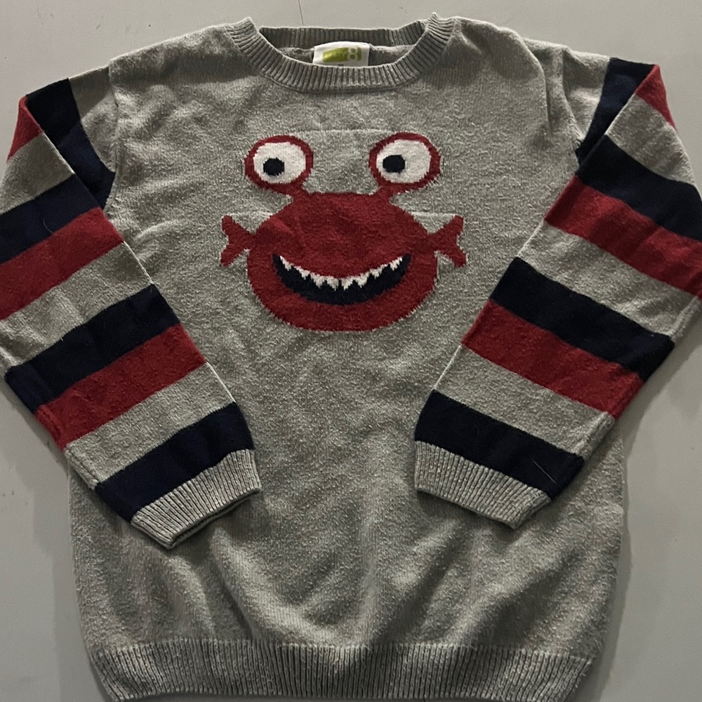 Crazy 8 Gray Sweater with Red Monster and Striped Sleeves